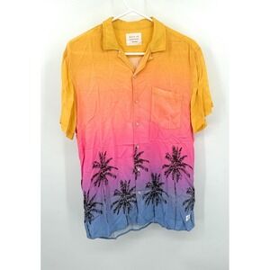 DUVIN Men's Medium Tropical Palm Tree Sunset Ombre Short Sleeve Button Up Shirt